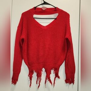 Chic Red V-Neck Distressed Sweater